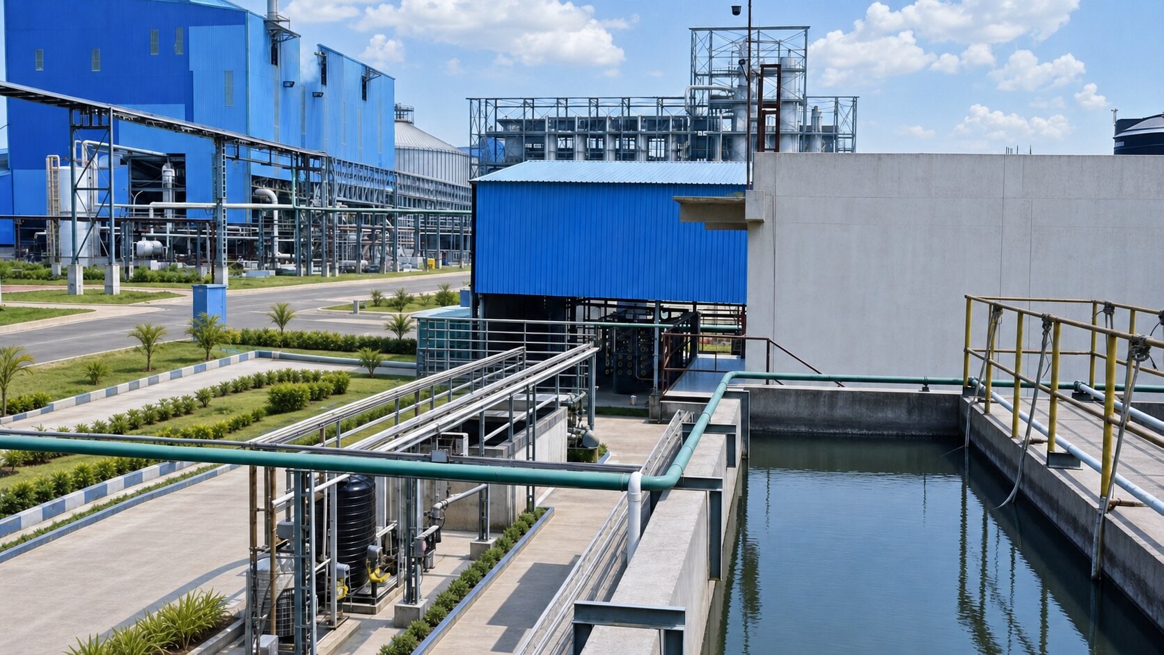Across the Inland Power campus at Inland Nagar, Ramgarh — process buildings, an effluent basin and landscaped grounds.